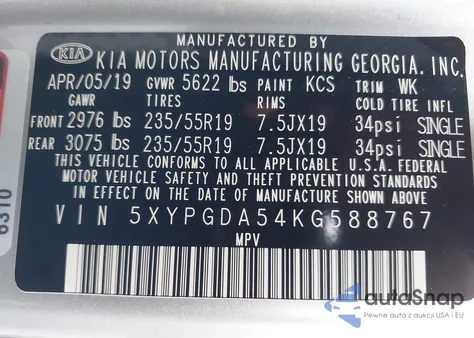 2019 Kia Sorento 3.3L Lx из США, поврежденный, VIN 5XYPGDA54KG588767